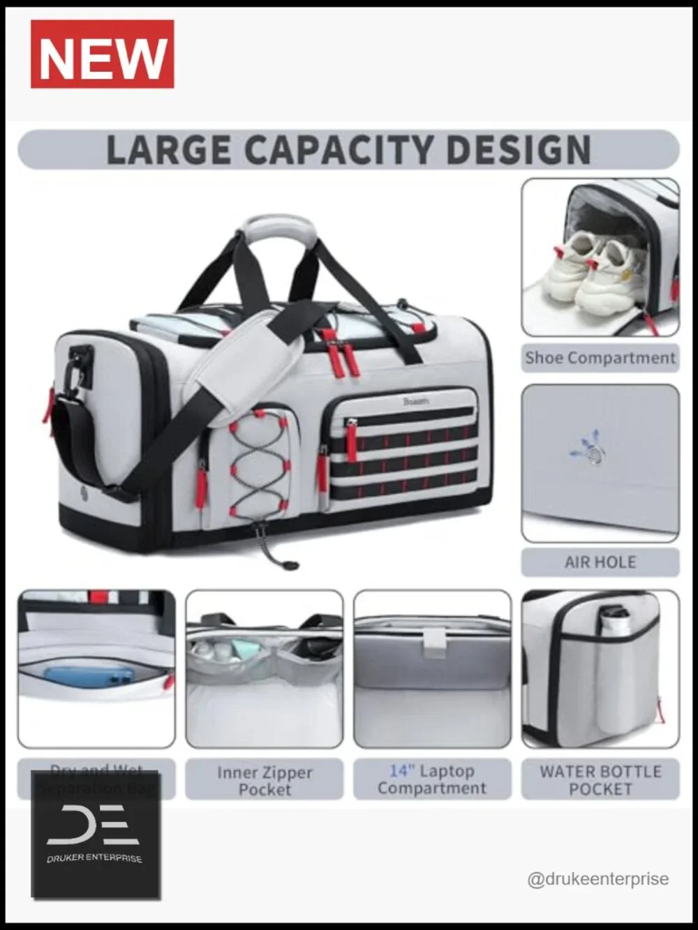 Expandable Travel Duffel Bag 45L Gym Weekender with Shoe Compartment